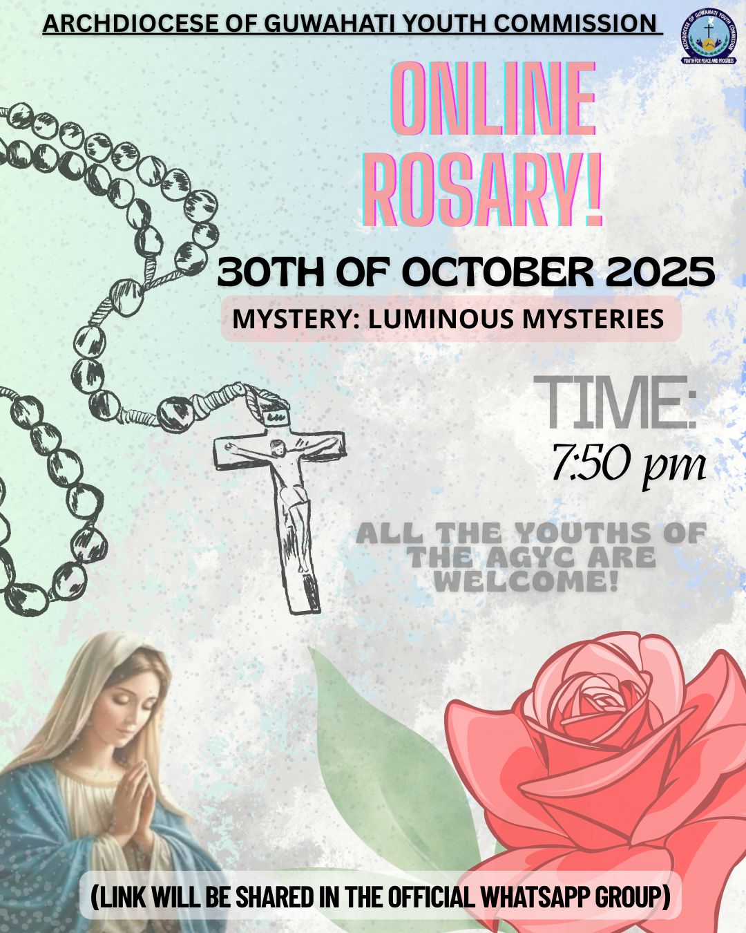 Join us for an Online Rosary on Oct 30th! 🙏✨ All AGYC youths are invited to come together in prayer. Let's unite and grow in faith