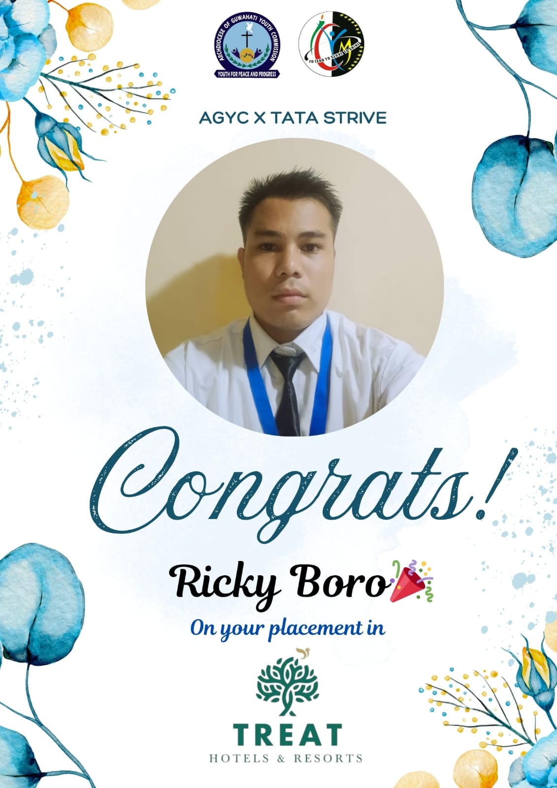 Huge congrats to Ricky Boro on securing a placement in the Front Office department at Treat Hotels and Resorts, Silvassa City, Gujarat
